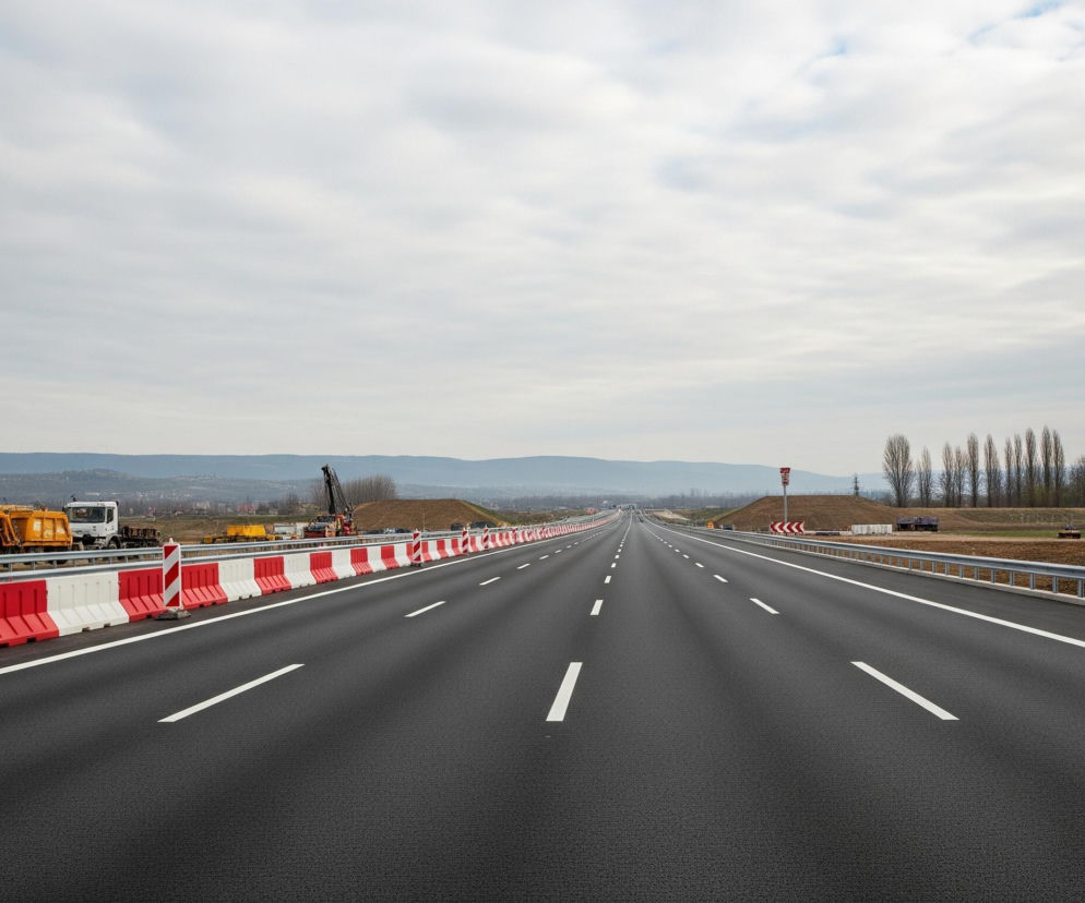 Długa, pusta autostrada z nowym, ciemnym asfaltem i białymi, przerywanymi liniami, biegnie przez środek kadru w kierunku horyzontu. Po lewej stronie jezdni widoczne są biało-czerwone barierki plastikowe, a za nimi, na tle pagórkowatego terenu, stoją maszyny budowlane: żółta koparka oraz biała ciężarówka z niebieskimi elementami. Po prawej stronie autostrady znajduje się metalowa barierka, a dalej, na brunatnym polu, rosną nagie drzewa, tworzące gęsty rząd. Niebo jest pochmurne, w szarych odcieniach, z widocznymi warstwami chmur.