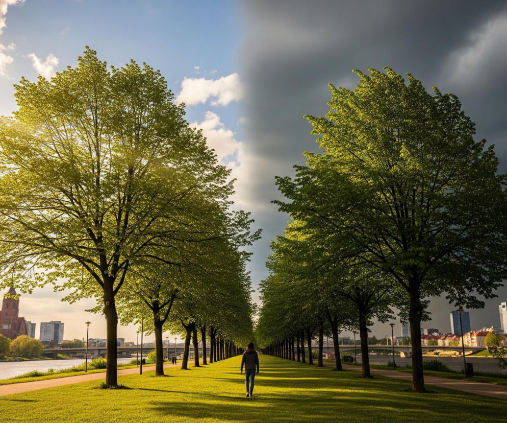 Mężczyzna w ciemnej bluzie i jeansach idzie ścieżką w zielonym, trawiastym parku, otoczony dwoma rzędami drzew o jasnozielonych liściach. Po lewej stronie niebo jest jasne, z widocznymi promieniami słońca i puszystymi chmurami, oświetlającymi rzekę, budynki miasta i czerwoną ceglaną wieżę kościoła. Po prawej stronie niebo jest ciemne, z burzowymi chmurami, rzucającymi cień na dalszą część miasta z nowoczesnymi wieżowcami.