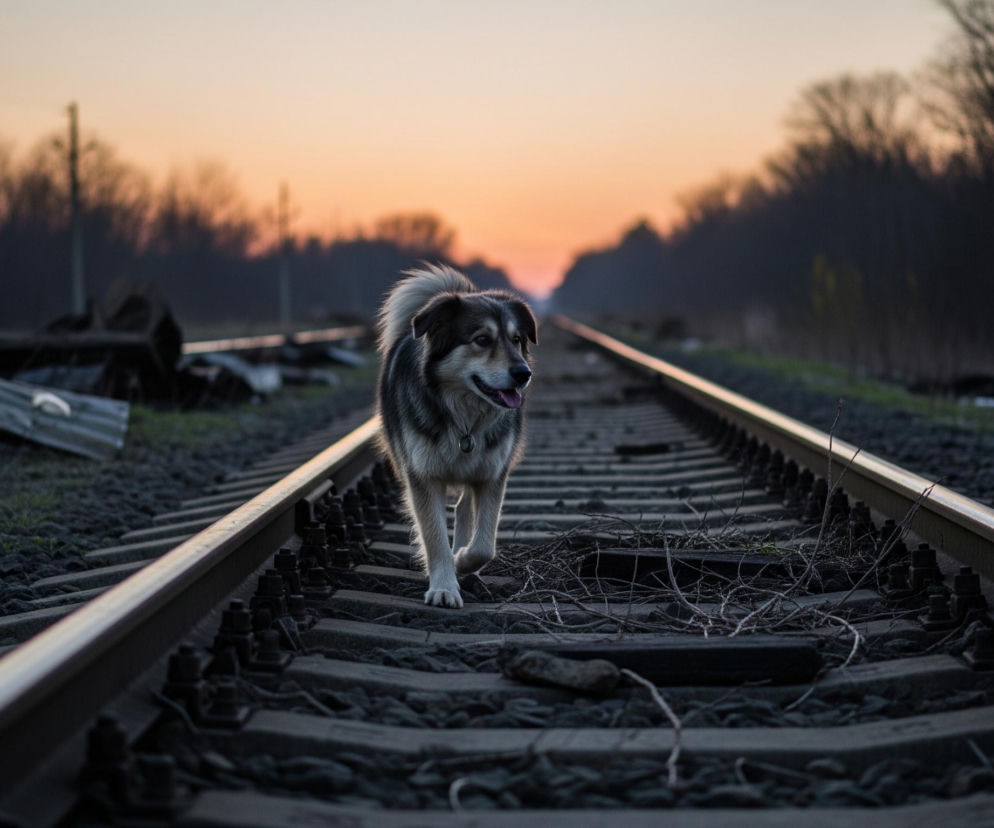 Duży, długowłosy pies z biało-szaro-brązowym umaszczeniem idzie środkiem torów kolejowych, patrząc przed siebie. Jego sierść na grzbiecie i ogonie jest puszysta i podświetlona przez zachodzące słońce, a pysk ma otwarty z widocznym językiem. Tory kolejowe, składające się z ciemnych, metalowych szyn i drewnianych podkładów, biegną prosto w dal, znikając w horyzoncie. Po obu stronach torów widać ciemne sylwetki drzew, a nad nimi rozciąga się niebo o barwach od pomarańczowego i różowego przy horyzoncie, przechodzących w jaśniejsze odcienie beżu i bieli wyżej.