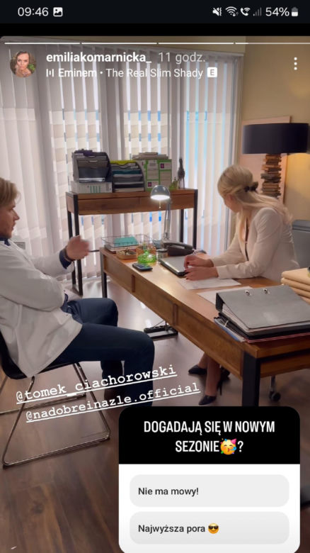 Na dobre i na złe nowy sezon. Agata Woźnicka (Emilia Komarnicka), Maks Beger (Tomasz Ciachorowski) na planie