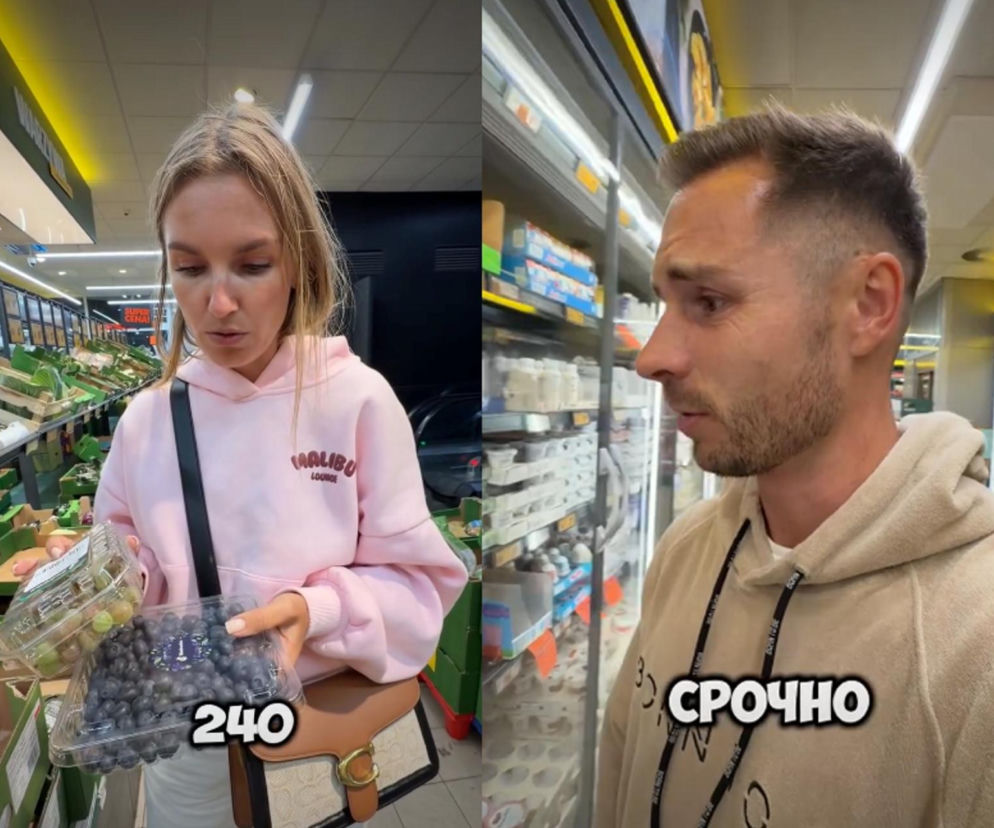 Para Rosjan w polskim dyskoncie. Kobieta trzyma borówki. O ich reakcji na ceny przeczytasz na SE Superbiz.