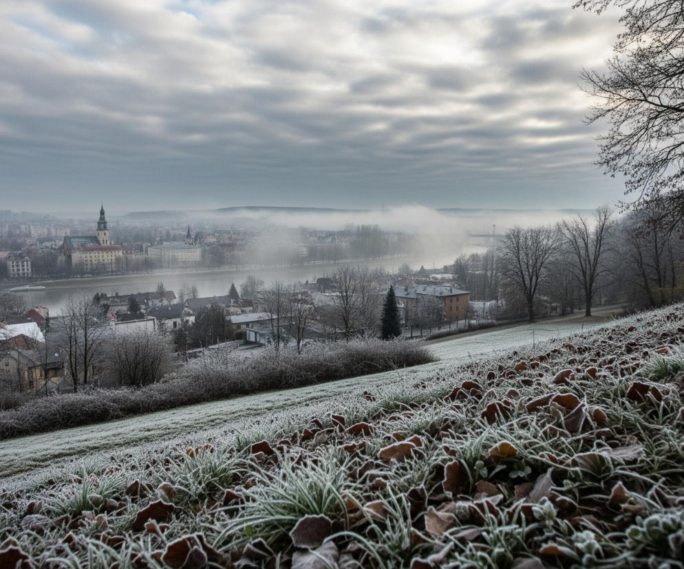 Na pierwszym planie widoczne jest zbocze pokryte oszronioną trawą i brązowymi liśćmi, rozciągające się ukośnie od prawej strony w dół w lewo. Dalej w głąb obrazu, za pasem krzewów, rozpościera się panorama miasta z licznymi budynkami, w tym z wysoką wieżą kościelną, oraz rzeka, której nurt spowija mgła. Horyzont domyka pasmo zalesionych wzgórz, a nad całością rozciąga się zachmurzone niebo, przez które miejscami przebija się jasne światło.