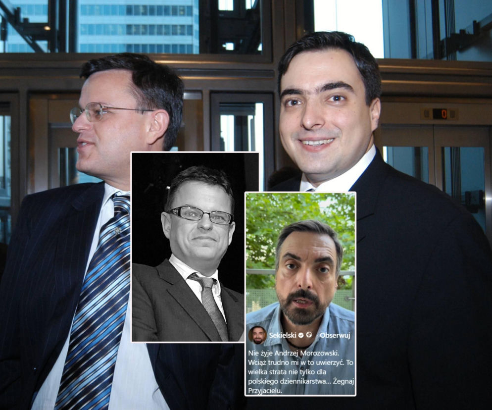 Dziennikarze Andrzej Morozowski i Tomasz Sekielski. Obok miniatury z pożegnaniem. O śmierci Morozowskiego przeczytasz na SE.