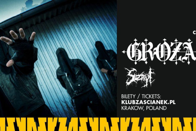 Plakat zapowiadający koncert Grozy i SZNYT w Krakowie 25 czerwca 2026 roku. Na grafice trzech muzyków w ciemnych strojach z kapturami i widocznym logotypem zespołu Groza oraz SZNYT. Więcej informacji o tym wyjątkowym wydarzeniu znajdziesz na naszym portalu.