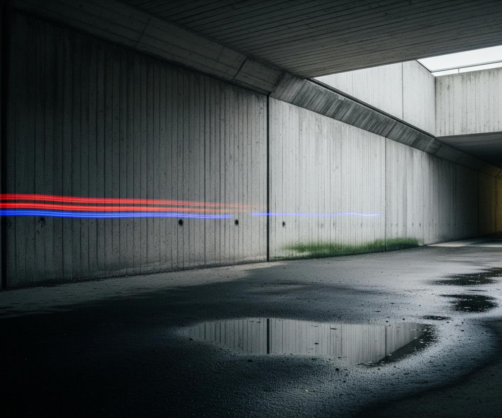 Długi, betonowy korytarz lub tunel, częściowo oświetlony naturalnym światłem z otwartej szczeliny u góry, biegnącej wzdłuż prawej ściany. Na lewej ścianie widoczne są dwa smugi światła: górna, czerwona, składa się z czterech równoległych linii, a dolna, niebieska, z dwóch linii. Podłoga pokryta jest licznymi kałużami odbijającymi światło z otoczenia, a wzdłuż dolnej części prawej ściany rośnie zielony mech. W głębi tunelu widać sztuczne, żółte oświetlenie.
