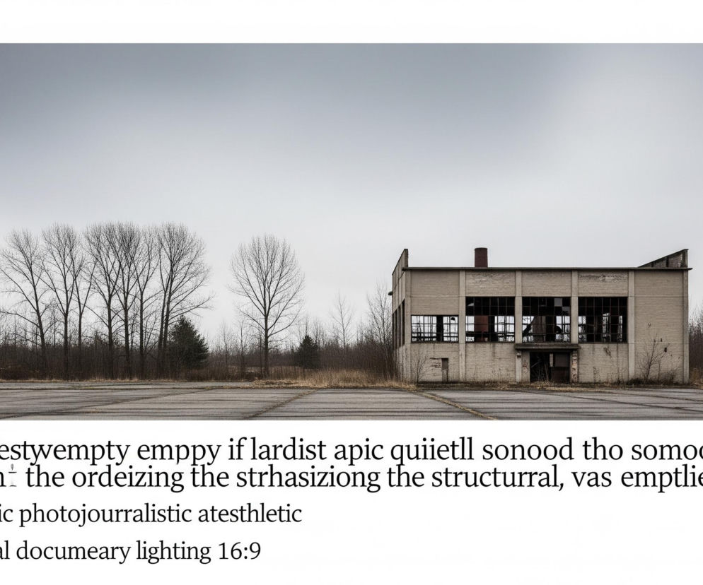 Opuszczony, dwupiętrowy budynek w kolorze beżowo-szarym, z widocznymi zniszczeniami i wybitymi oknami, umieszczony po prawej stronie kadru. Przed budynkiem rozciąga się duży, asfaltowy plac, poprzecinany poziomymi liniami. W tle widoczny jest szpaler nagich drzew, a niebo jest jednolicie szare.