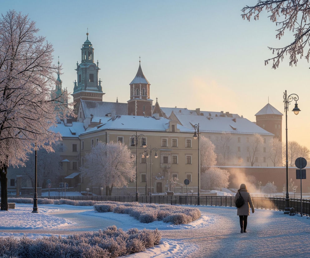 Pochmurny, zimowy pejzaż, gdzie biały śnieg pokrywa ziemię i dachy budynków. Dominują jasne, zimne odcienie błękitu w górnej części nieba, przechodzące w ciepłe, złote barwy bliżej horyzontu. W centrum widać rozległy kompleks budynków, z czego wyróżniają się dwie wieże: jedna, po lewej, o turkusowym dachu i ozdobnych detalach, oraz druga, po prawej, z ceglaną podstawą i ostrym dachem. Przed budynkami rozciąga się ścieżka wyłożona kostką brukową, częściowo pokryta śniegiem, którą idzie samotna postać w ciemnym płaszczu i czapce, oddalając się od obserwatora. Po obu stronach ścieżki znajdują się pokryte szronem drzewa i krzewy, a wzdłuż drogi widać czarne, stylizowane latarnie.