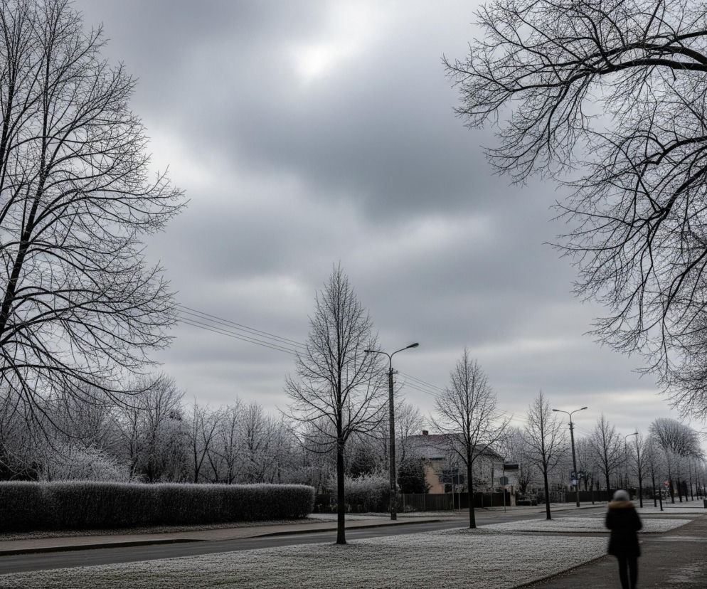Krajobraz zimowy przedstawia ulicę z rzędem drzew po obu stronach, których gałęzie są pokryte szronem. Prawa strona obrazu ukazuje chodnik, na którym idzie osoba ubrana w ciemną kurtkę z futrzanym kapturem, zwrócona plecami do obserwatora. Niebo jest pochmurne, z jaśniejszą, rozświetloną plamą w górnej części, natomiast cała scena tonie w szaro-niebieskich barwach.