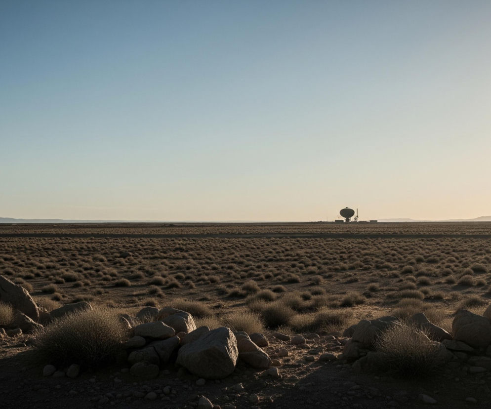 Rozległy, piaszczysty teren pustynny rozciąga się pod czystym niebem, które przechodzi od błękitu na górze do jasnego pomarańczu i bieli w prawym górnym rogu, gdzie mocne światło słoneczne tworzy jasną plamę. Na horyzoncie, w centralnej części zdjęcia, widoczna jest ciemna sylwetka dużej anteny satelitarnej stojącej na wzniesieniu, otoczonej mniejszymi strukturami. Cały krajobraz jest pokryty niskimi, suchymi kępami trawy lub krzewów, a na pierwszym planie znajdują się duże, nieregularne kamienie i mniejsze skały, częściowo oświetlone przez nisko padające słońce, rzucając długie cienie. W oddali, na horyzoncie, zarysowują się pasma niskich gór.