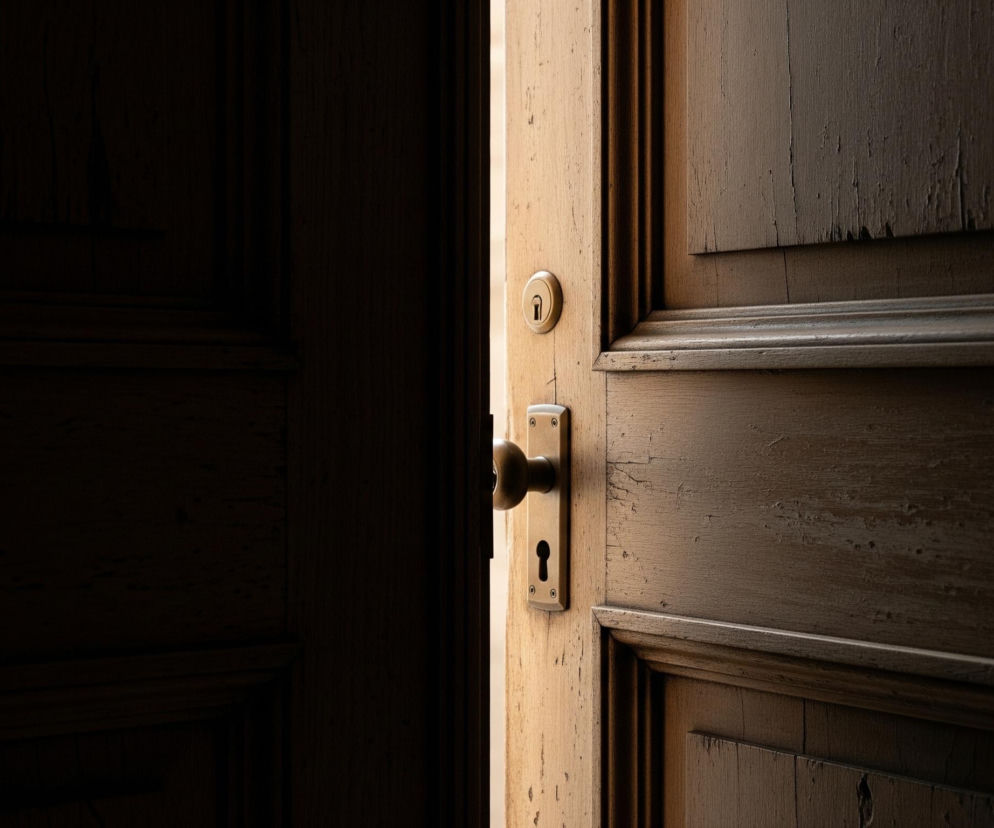 Centralnym elementem jest drewniana, częściowo uchylona brama lub drzwi. Po prawej stronie widać otwartą część drzwi z mosiężną klamką i okrągłą wkładką zamka, oświetloną ciepłym, jasnym światłem wpadającym z zewnątrz. Drewno po tej stronie jest jaśniejsze, ze wyraźną teksturą i drobnymi uszkodzeniami na powierzchni.

Lewa część obrazu, oraz dalsza część drzwi po prawej, są znacznie ciemniejsze, pogrążone w cieniu, co sugeruje ciemne wnętrze lub pomieszczenie za drzwiami. Widoczne są tu ciemnobrązowe panele drzwiowe z listwami, ale detale są mniej wyraźne z powodu braku światła. Ogólny ton obrazu jest ciepły, z kontrastem między jasną szczeliną a ciemnymi obszarami.