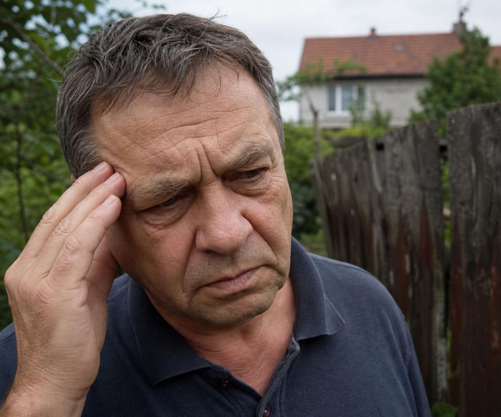 Zasmucony mężczyzna trzyma się za skroń w ogrodzie. O kłótni z synem i wścibskim sąsiedzie przeczytasz na SE.