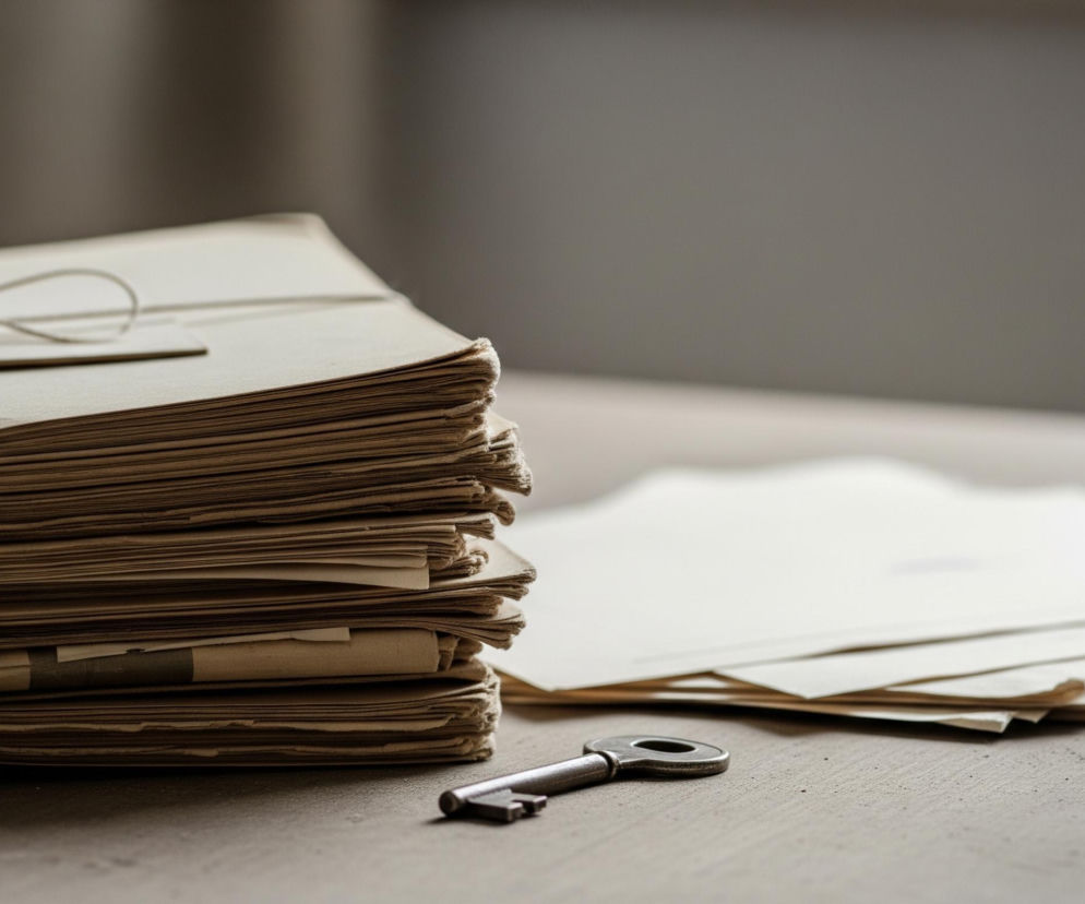 Na pierwszym planie, po lewej stronie, znajduje się wysoki stos pożółkłych dokumentów lub kopert, przewiązany jasnym sznurkiem zawiązanym w kokardkę u góry. Tuż przed stosem, na szarej, lekko chropowatej powierzchni blatu, leży pojedynczy, metalowy klucz w kolorze srebrnym z ciemniejszymi przetarciami. W oddali, po prawej stronie, widać luźno ułożone, również pożółkłe kartki papieru lub koperty. Tło jest rozmyte, w odcieniach szarości, tworząc łagodne przejście z ciemniejszej góry do jaśniejszego dołu.