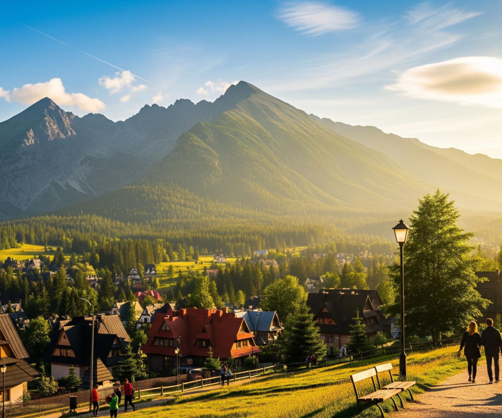 Góry o spiczastych szczytach dominują nad krajobrazem, ich zbocza pokryte są lasami iglastymi, a najdalej w tle widać zamglone sylwetki. Poniżej, w dolinie, rozciąga się osada z licznymi domami o ciemnych dachach i drewnianych elewacjach, otoczonymi zielenią drzew. Słońce, nisko na horyzoncie po prawej stronie, oświetla złotym blaskiem niebo i część pejzażu, tworząc długie cienie. Na pierwszym planie po prawej stronie wije się ścieżka, którą spacerują ludzie, a obok stoją ławki i latarnie uliczne.