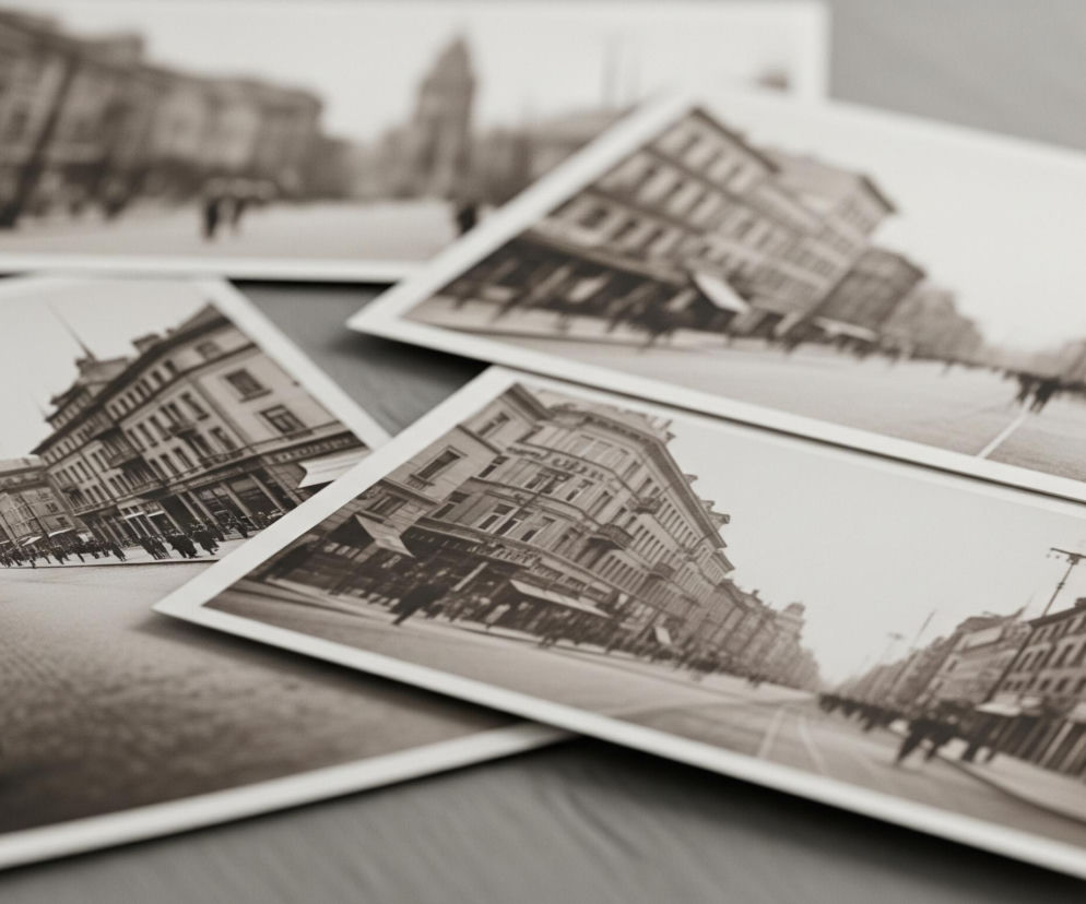 Na zdjęciu widoczne są cztery prostokątne czarno-białe fotografie ułożone częściowo na siebie, przedstawiające miejski krajobraz z historyczną zabudową i sylwetkami ludzi. Fotografie mają białe obramowanie i leżą na jednolitym, szarym tle, przypominającym powierzchnię stołu. Najbliżej znajduje się fotografia przedstawiająca szeroką ulicę z brukowaną nawierzchnią, wzdłuż której ciągną się wysokie kamienice z licznymi oknami i balkonami; na pierwszym planie widoczne są dwie niewyraźne, ciemne postaci ludzi.