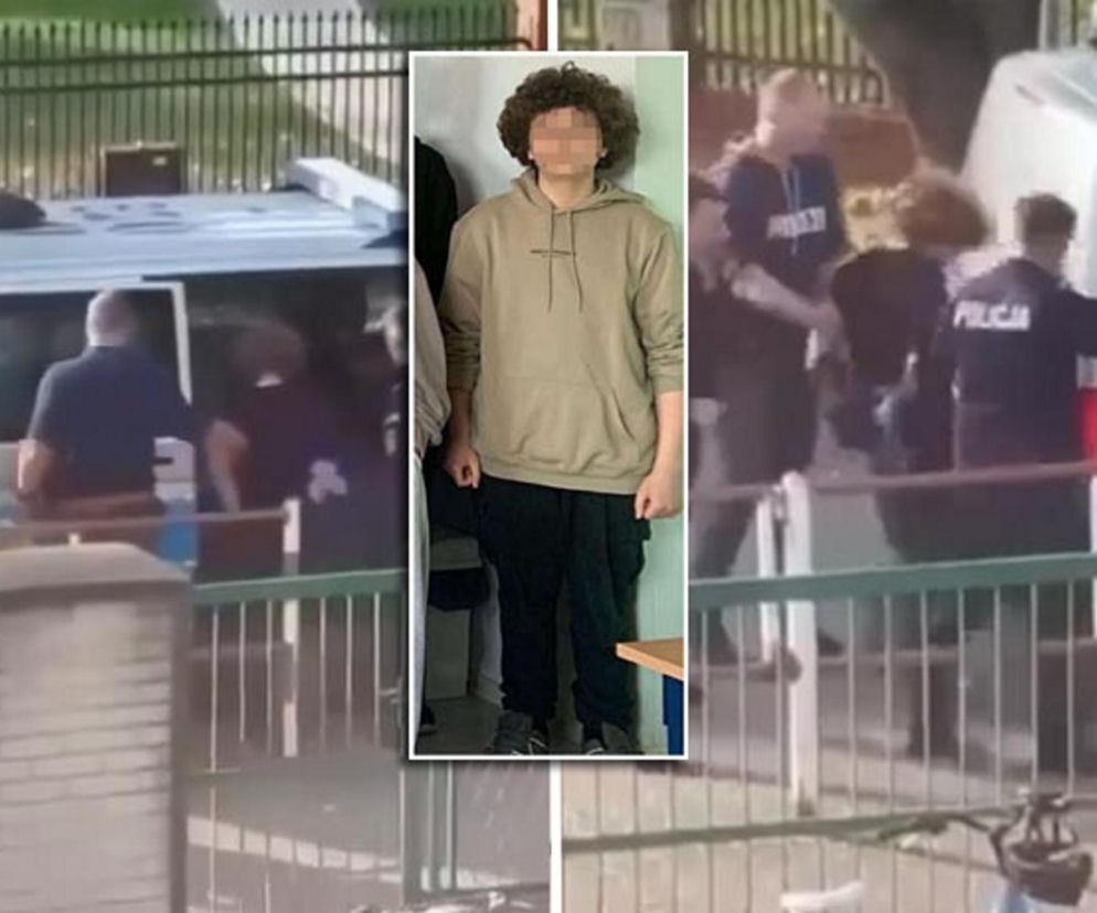Policjanci przy radiowozie przed szkołą. Na wstawce chłopak w beżowej bluzie. O tragedii przeczytasz na Eska Warszawa.