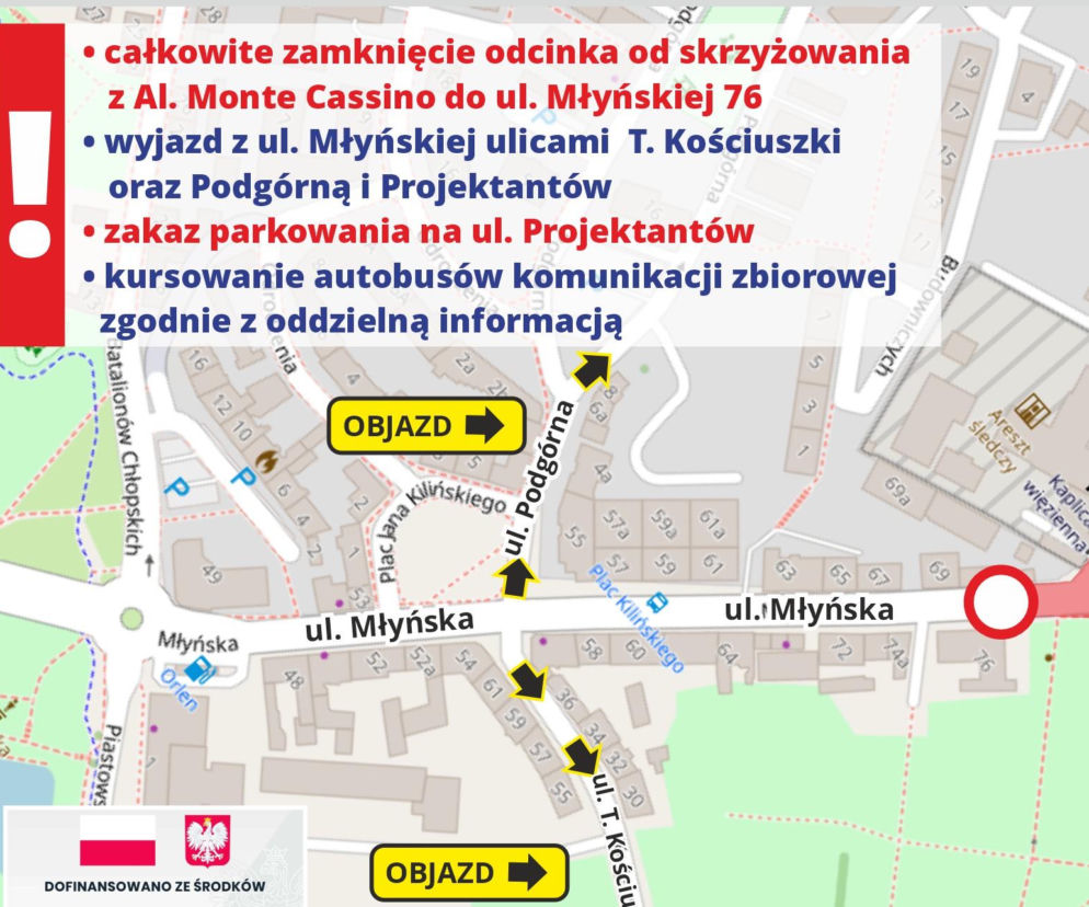 Mapa z planem objazdów i informacją o przebudowie ul. Młyńskiej. O zmianach w ruchu przeczytasz na Eska Koszalin.