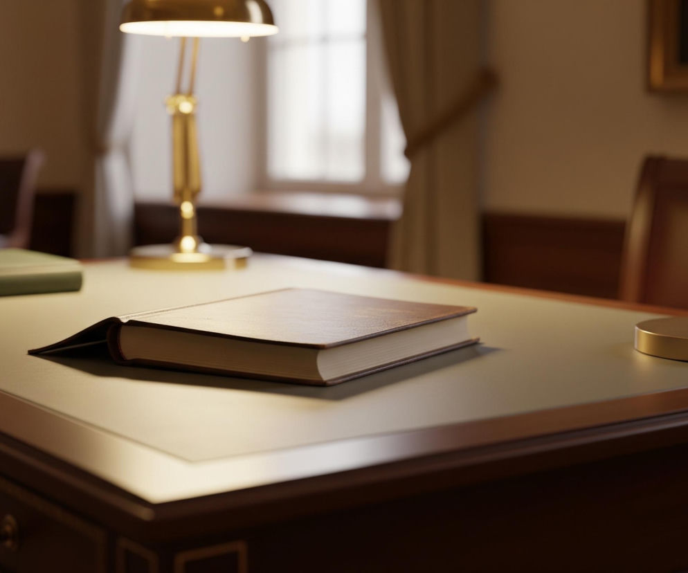 Na pierwszym planie znajduje się ciemnobrązowe, drewniane biurko z beżowym blatem i ozdobnymi, rzeźbionymi frontami szuflad. Na blacie leżą dwie książki: jedna w zielonej okładce i druga w brązowej, częściowo otwarta. Obok otwartej książki leży złoty, okrągły przedmiot z piórem. Po lewej stronie blatu stoi zapalona, złota lampa biurkowa, emitująca ciepłe światło. W tle widoczne są brązowe, skórzane krzesła oraz okno zasłonięte beżową zasłoną.