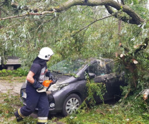 Burze z gradem w Podlaskiem. Powalone drzewo przygniotło samochód [ZDJĘCIA]