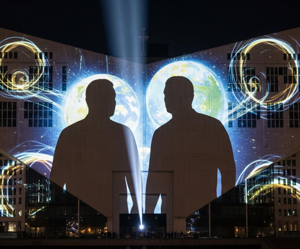 Fasada dużego budynku nocą jest podświetlona projekcją artystyczną. Centralnie widoczne są dwie sylwetki ludzi, odwrócone twarzami do siebie, przypominające odbicie lustrzane lub bliźniaków. Tło projekcji to kosmiczny motyw z dwoma dużymi planetami przypominającymi Ziemię, otoczone jasnymi, wirującymi liniami w odcieniach złota i błękitu, rozświetlającymi również fragmenty ciemnego nieba. Z góry i od dołu, między sylwetkami, biegną pionowe snopy białego światła. Na niższych piętrach budynku widać wiele ciemnych okien i odbijające się w nich fragmenty projekcji, a także kilka mniejszych, jaśniejszych świateł w dolnej części obrazu.