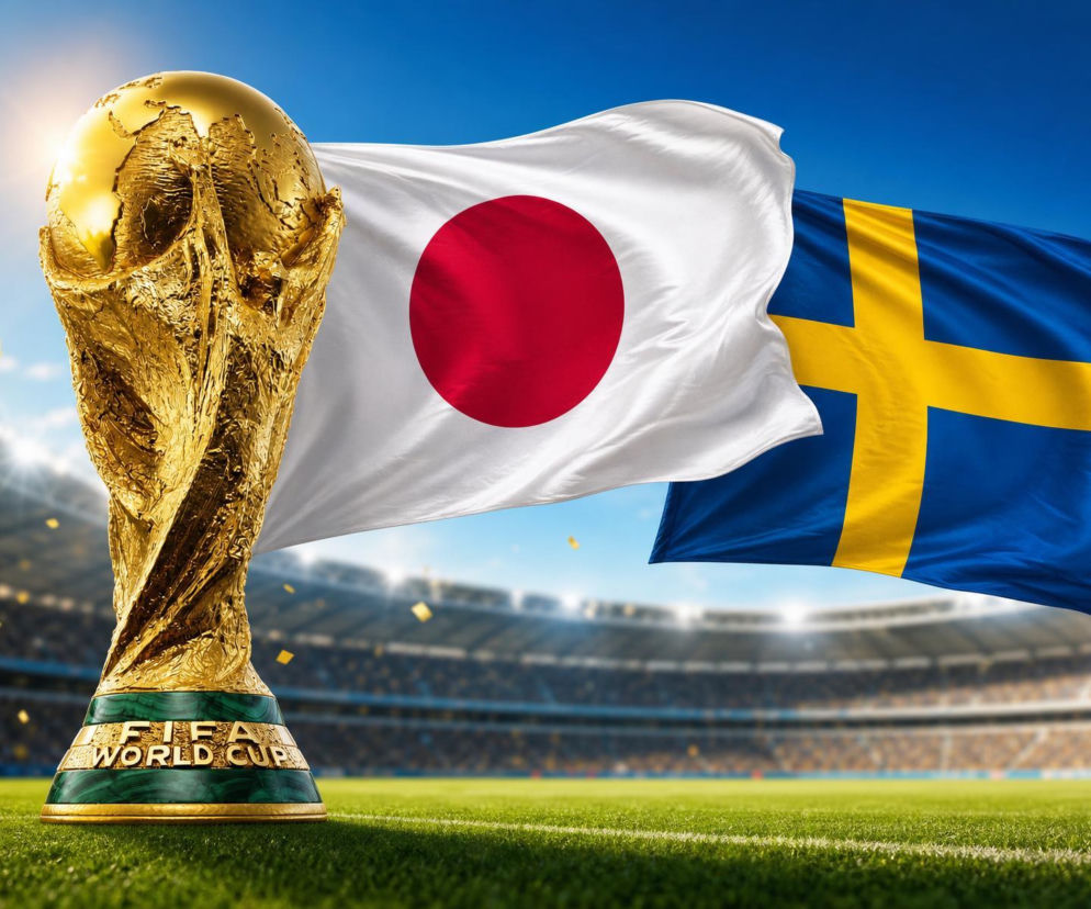 Złote trofeum FIFA World Cup na tle powiewających flag Japonii i Szwecji, z rozmytym stadionem piłkarskim w tle, symbolizujące mecz Mundialu 2026. Więcej informacji o tym spotkaniu znajdziesz na naszym portalu.