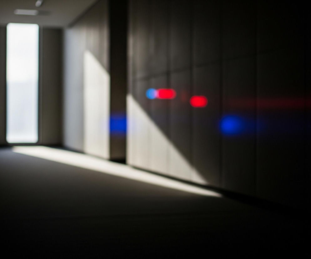 Wydłużony korytarz, oświetlony naturalnym światłem z oddali, rozciąga się przed obserwatorem, tworząc kontrast między jasnym końcem a ciemniejszym przodem. Ściany po obu stronach korytarza, pokryte panelami o ciemnej barwie, tworzą wrażenie głębi. Na prawej ścianie widoczne są rozmyte, intensywnie czerwone i niebieskie punkty świetlne. Światło padające z daleka rzuca ukośny cień na podłogę korytarza.