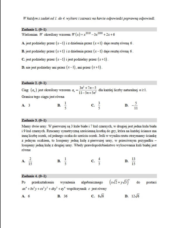 ARKUSZE CKE: Matura 2020 - matematyka ROZSZERZONA