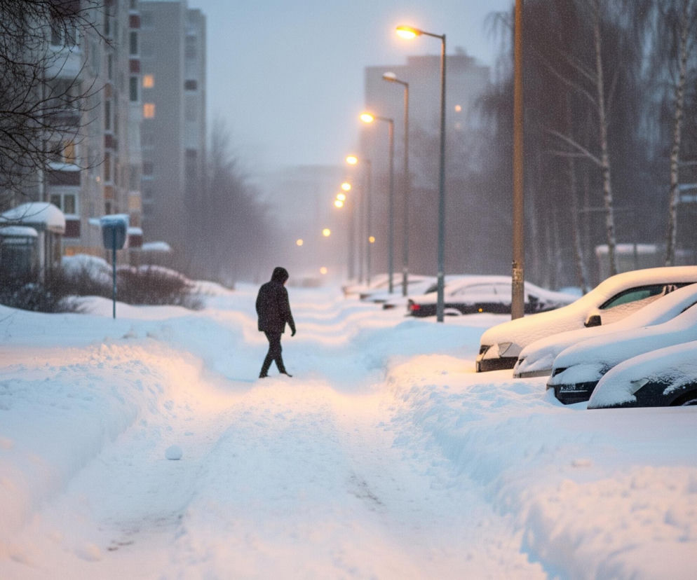 Człowiek w ciemnej kurtce z kapturem idzie po zaśnieżonej drodze, otoczonej wysokimi zwałami śniegu. Droga jest wąska, a wzdłuż niej po prawej stronie zaparkowane są samochody, również pokryte grubą warstwą białego puchu. Po obu stronach drogi i w tle widać bloki mieszkalne z pojedynczymi, ciepło świecącymi oknami oraz nagie drzewa, niektóre z gałęziami obsypanymi śniegiem. Wzdłuż lewej krawędzi drogi ciągnie się rząd zapalonych lamp ulicznych, których pomarańczowe światło odbija się na śniegu, nadając mu subtelny, różowawy odcień.