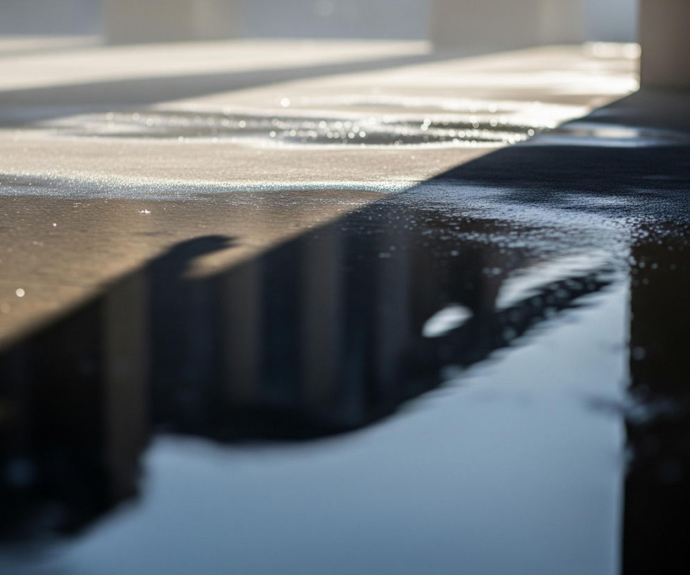 Mokra, szara powierzchnia pozioma jest głównym elementem obrazu. Na niej widoczne są kałuże i rozlane plamy wody, odbijające jasne punkty światła oraz ciemne kształty, w tym niewyraźny, wydłużony cień przypominający ptaka lub smoka. Powierzchnia jest częściowo oświetlona ciepłym, złotawym światłem, tworzącym ostre, równoległe pasy na podłożu i kontrastujące z ciemniejszymi, zacienionymi obszarami. W tle, rozmyte jasne obiekty sugerują dalszą przestrzeń z elementami konstrukcyjnymi.