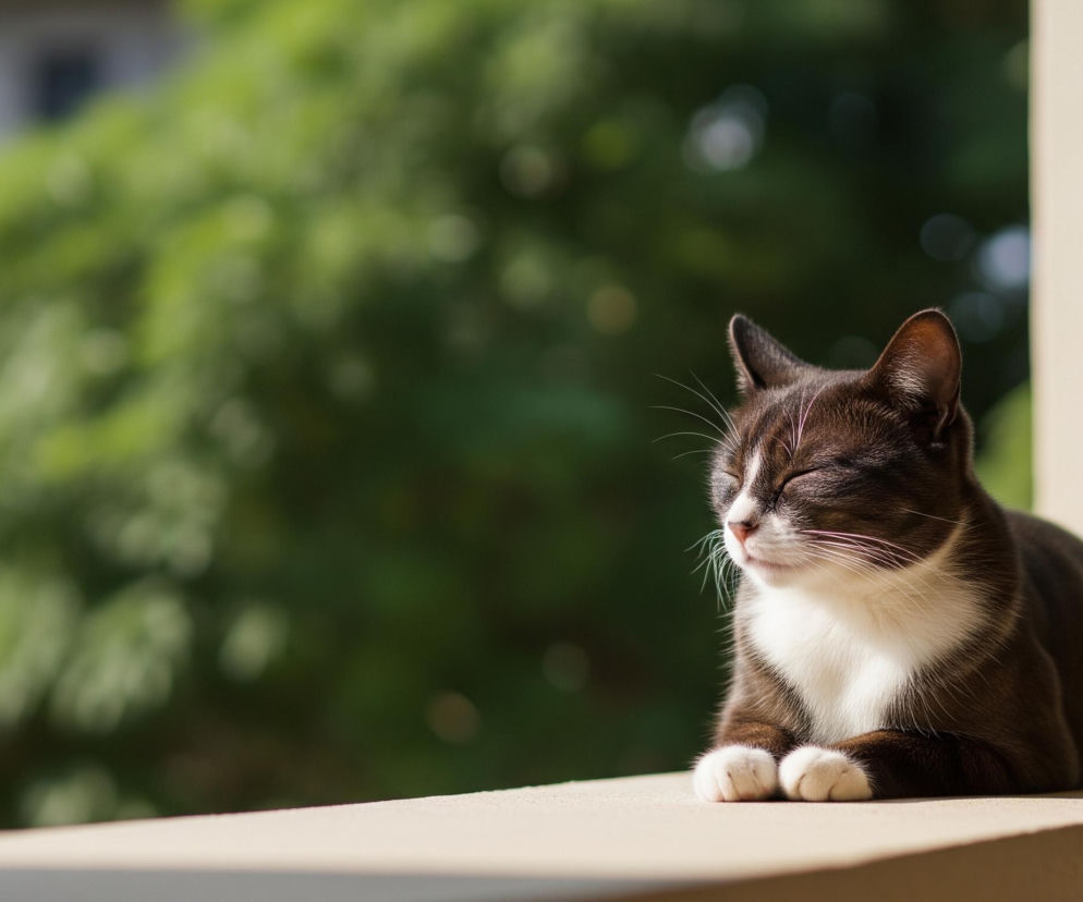 Ciemnoszary kot z białym pyszczkiem i klatką piersiową leży na beżowym parapecie lub balustradzie, z przymkniętymi oczami, zdaje się odpoczywać w słońcu. Pazurki kota są również białe. W tle widać rozmyte, intensywnie zielone drzewa lub krzewy, a po prawej stronie pionowy fragment jasnobeżowej ściany. Słońce oświetla kota z przodu, tworząc wyraźne cienie i podkreślając teksturę jego sierści.