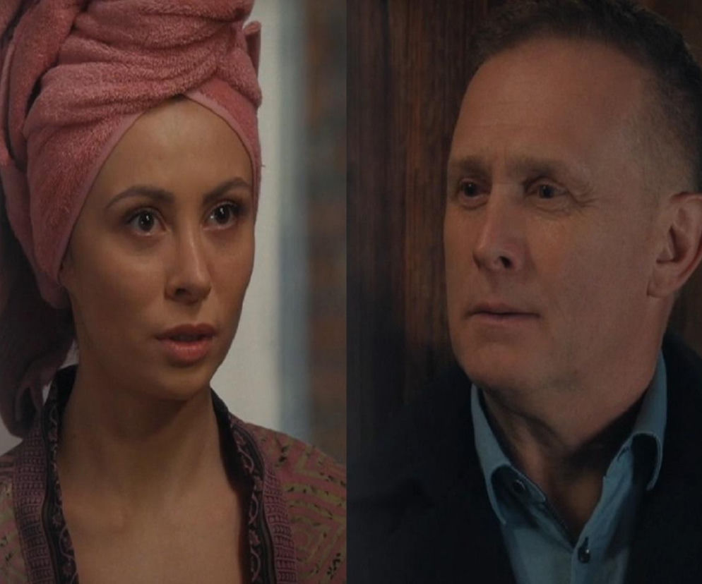 Dominika Sakowicz jako Joanna w szlafroku i turbanie na głowie oraz Robert Moskwa jako Artur, patrzący w dal. Scena z serialu M jak miłość przedstawia Artura, który wymyka się z imprezy urodzinowej do Joanny. Więcej o tym na Super Seriale.