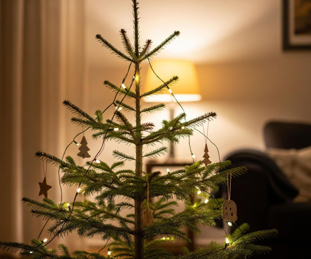 W centrum ujęcia znajduje się zielone drzewko iglaste, ozdobione sznurem małych, ciepłych białych lampek. Na gałęziach wiszą również drewniane lub gliniane ozdoby w kształcie gwiazdki, choinki i stylizowanego dzwonka. Tło rozmyte, widoczny jest fragment wnętrza pomieszczenia z beżową zasłoną po lewej stronie i żółtawym abażurem lampy po prawej, emitującym ciepłe światło.