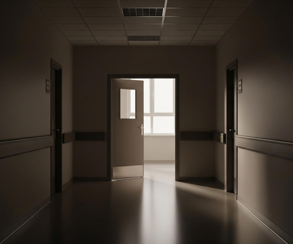 Długi, ciemny korytarz rozciąga się w głąb obrazu, z dwiema ścianami po bokach i sufitem z panelami oraz kratkami wentylacyjnymi. W centrum korytarza widoczne są otwarte drzwi, przez które wpada jasne światło z zewnętrznego pomieszczenia, oświetlając fragment podłogi. Po obu stronach korytarza znajdują się zamknięte drzwi z prostokątnymi tabliczkami na wysokości wzroku. Całość utrzymana jest w stonowanych odcieniach brązu i szarości, z wyraźnym kontrastem między ciemnym korytarzem a jasnym pomieszczeniem za drzwiami.