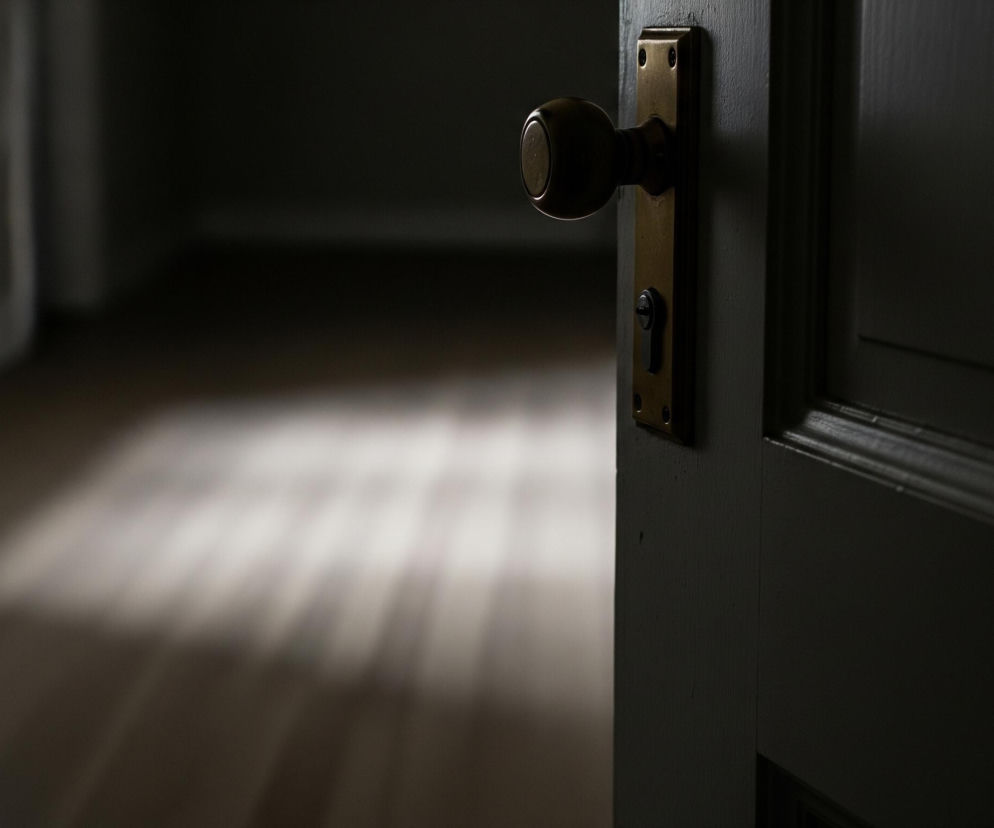 Półotwarte, ciemnoszare drewniane drzwi z mosiężną klamką i szyldem zajmują prawą stronę obrazu, rozświetlając się od boku. Przez szparę w drzwiach wpada strumień jasnego światła słonecznego, rzucając wydłużone cienie na jasnobrązową podłogę z widocznymi deskami. Po lewej stronie w głębi pomieszczenia widać niewyraźne, jasne okno, a ściany są w odcieniach szarości.