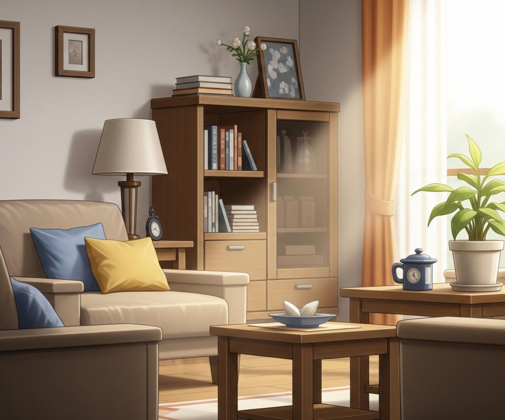 Wnętrze pokoju dziennego, gdzie centralne miejsce zajmuje beżowa sofa z niebieskimi i żółtymi poduszkami. Obok sofy stoi drewniany stolik z lampą stołową o jasnym abażurze i czarnym budzikiem, a za nią widoczny jest wysoki, drewniany regał z książkami i przeszklonymi szafkami. Naprzeciwko sofy znajdują się dwa brązowe fotele, a pomiędzy nimi mały, drewniany stolik kawowy z niebieską miseczką i białymi dekoracjami. Po prawej stronie, za jednym z foteli, umieszczony jest kolejny drewniany stolik z zieloną rośliną w białej doniczce oraz niebieskim kubkiem, a w tle rozciąga się duże okno z jasnymi, pomarańczowymi zasłonami, przez które wpada jaskrawe światło. Na jasnej ścianie za sofą wiszą dwa obrazy w drewnianych ramkach.