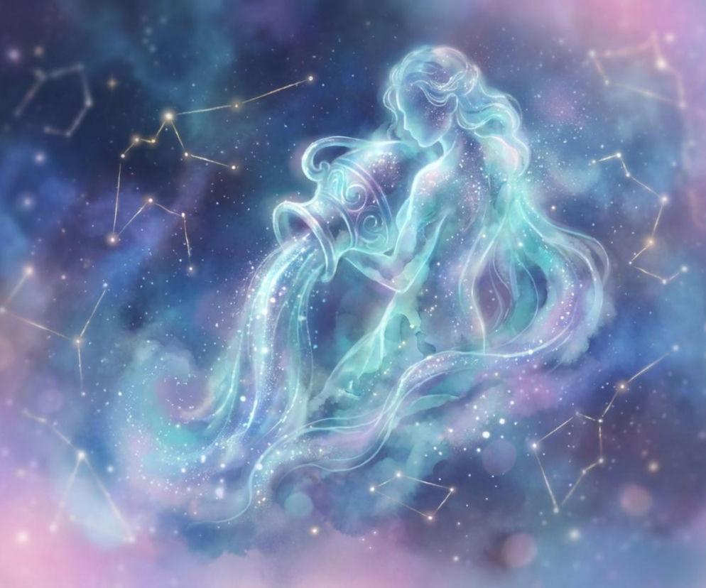 Ilustracja przedstawiająca znak zodiaku Wodnika jako eteryczną postać z amforą, z której wylewa się woda, otoczoną gwiazdozbiorami na tle kosmicznego nieba. Grafika symbolizuje horoskop dzienny Wodnika, o którym więcej przeczytasz na naszym portalu.