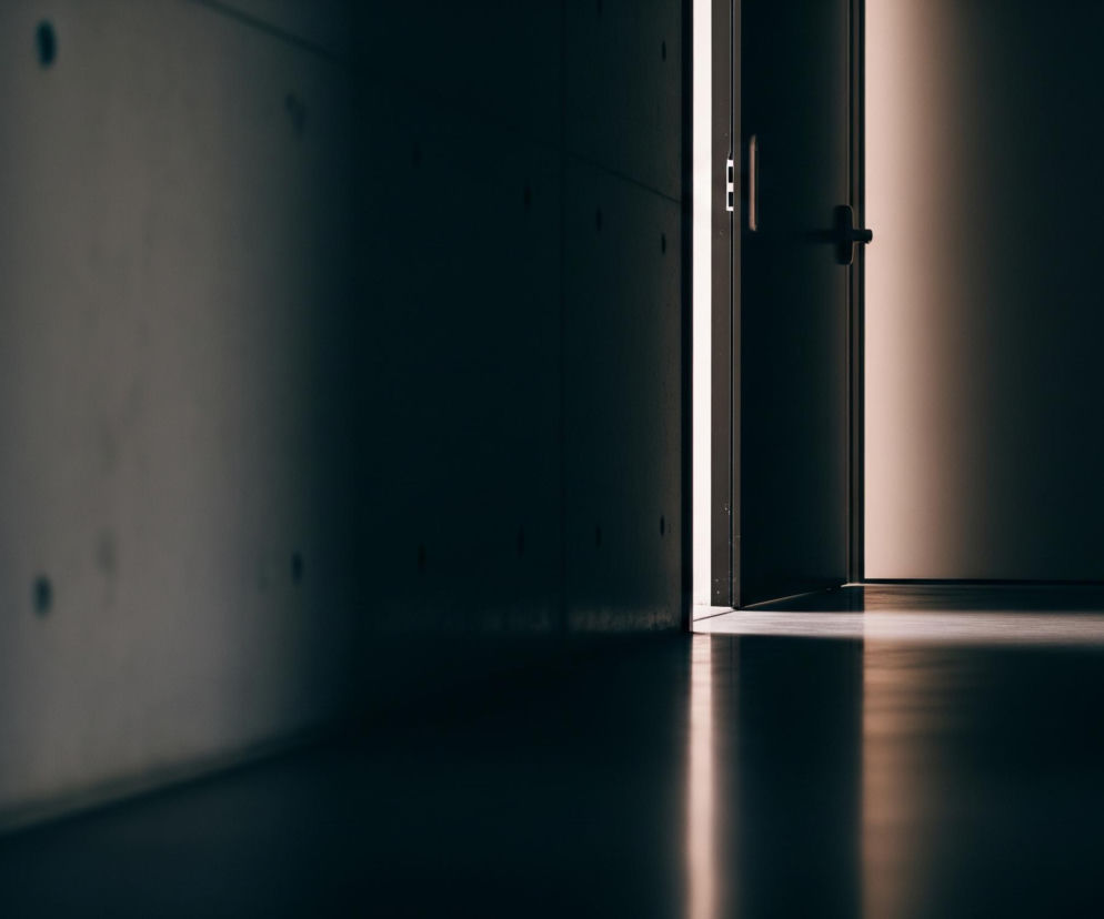 Wąskie, uchylone drzwi są źródłem światła w ciemnym pomieszczeniu. Światło zza drzwi tworzy jasną, pionową smugę na ścianie i podłodze, odbijając się na gładkiej, ciemnej powierzchni. Po lewej stronie widoczna jest betonowa ściana z kilkoma okrągłymi wgłębieniami, stopniowo zanikająca w cieniu w kierunku górnej krawędzi obrazu. Wokół drzwi panuje głęboki mrok, podkreślający kontrast z jaskrawym prześwitem.