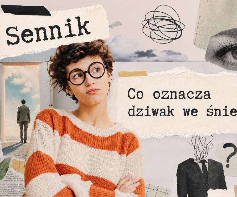Kobieta w okularach i paski na tle kolażu o snach. Znaczenie snu o dziwaku sprawdzisz w senniku na SE.