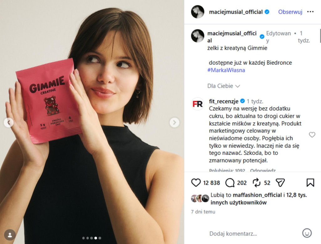 Maciej Musiał rusza z własną marką. Jego żelki z kreatyną trafiły do Biedronki
