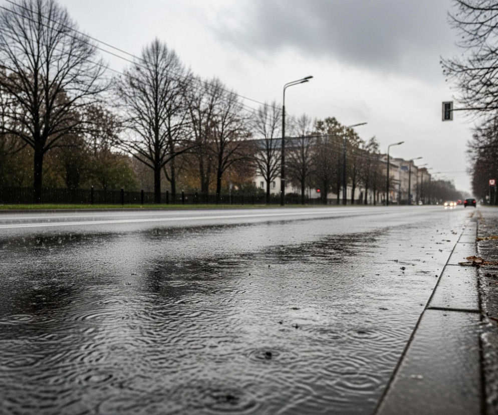Mokra nawierzchnia ulicy, pokryta licznymi kręgami od padającego deszczu, dominuje na pierwszym planie, z pasami ruchu oddzielonymi białymi liniami. Po prawej stronie widoczne są płyty chodnikowe, na których leżą pojedyncze, suche liście w odcieniach żółci i brązu. W tle, po obu stronach drogi, rozciągają się rzędy nagich drzew o ciemnych gałęziach, a pomiędzy nimi zarysowują się budynki o jasnych elewacjach. Dwoje ludzi z parasolami idzie w oddali w prawą stronę, a na horyzoncie majaczą światła samochodów na tle szarego, zachmurzonego nieba.