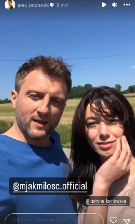 M jak miłość po wakacjach 2023. Ola (Justyna Karłowska) i Bartek (Arkadiusz Smoleński) na planie