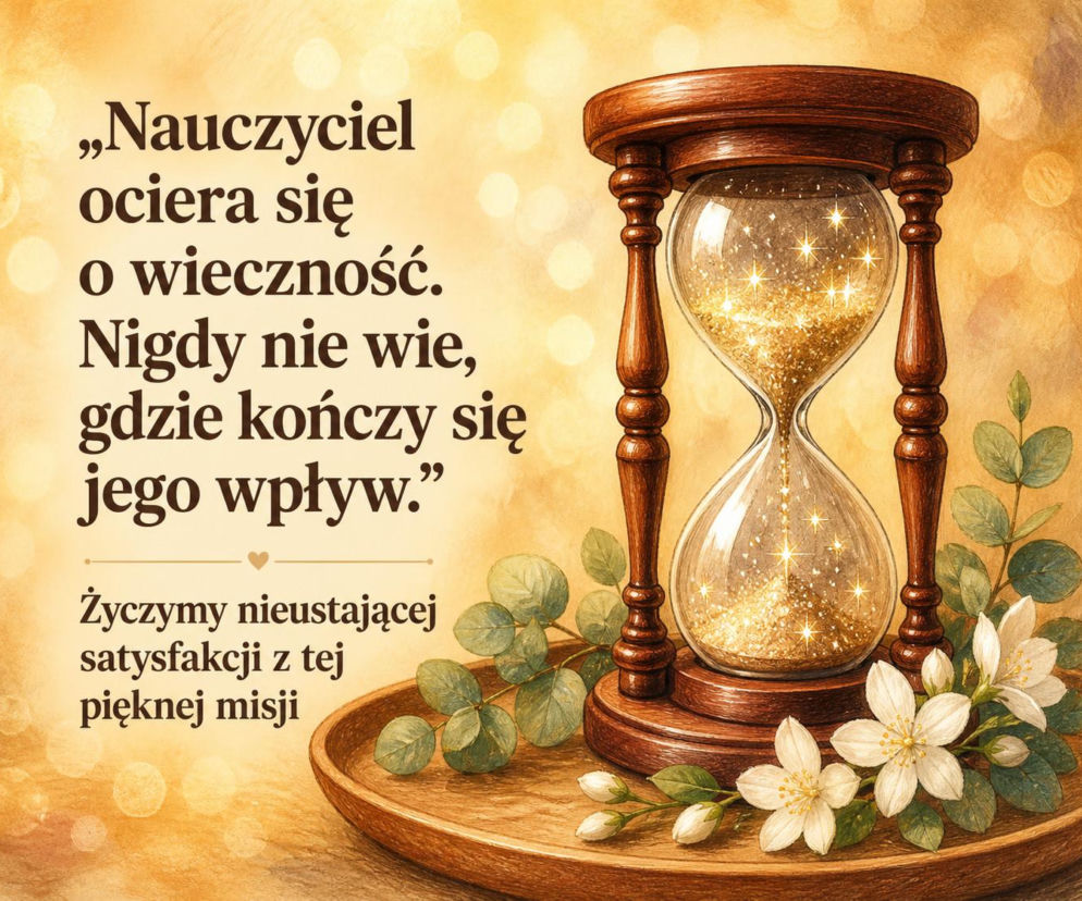 Klepsydra ze złotym piaskiem obok życzeń na Dzień Nauczyciela. O mądrych podziękowaniach przeczytasz na SE.