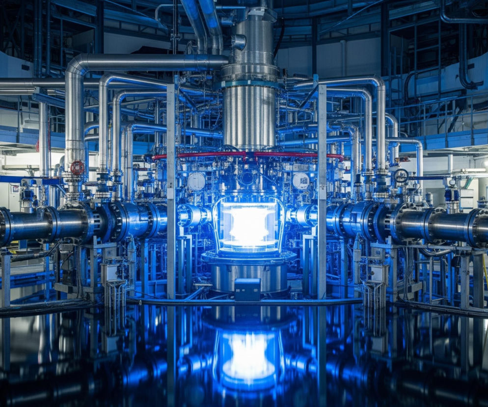 W centrum obrazu znajduje się duże, złożone urządzenie przemysłowe, charakteryzujące się metalicznymi rurami i cylindrami. Centralny element, o kształcie cylindrycznym, emituje intensywne, jasnoniebieskie światło, które odbija się na ciemnej, lustrzanej powierzchni poniżej. Całość otoczona jest siecią srebrzystych rur o różnej grubości, rozmieszczonych symetrycznie i podłączonych do głównej konstrukcji. W tle widoczne są fragmenty ścian i innych maszyn, oświetlone delikatnym, chłodnym światłem.