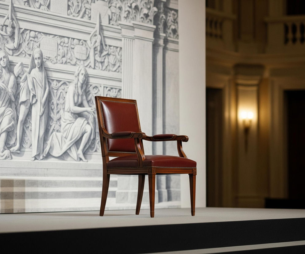 Na pierwszym planie, centralnie, stoi elegancki fotel z ciemnobrązową drewnianą ramą i bordowym skórzanym obiciem, ozdobiony drobnymi nitami wzdłuż krawędzi. Fotel ustawiony jest na szarej platformie, która opada w dół w kierunku widza, tworząc czarny pasek na dolnej krawędzi obrazu. W tle, po lewej stronie, rozciąga się duża, monochromatyczna grafika przedstawiająca klasyczne rzeźby i architektoniczne detale, takie jak kolumny i ozdobne gzymsy z postaciami ludzkimi. Prawa strona tła jest rozmyta i przedstawia ciemne wnętrze sali z widocznymi elementami architektonicznymi, takimi jak balustrada i delikatnie oświetlone źródło światła.