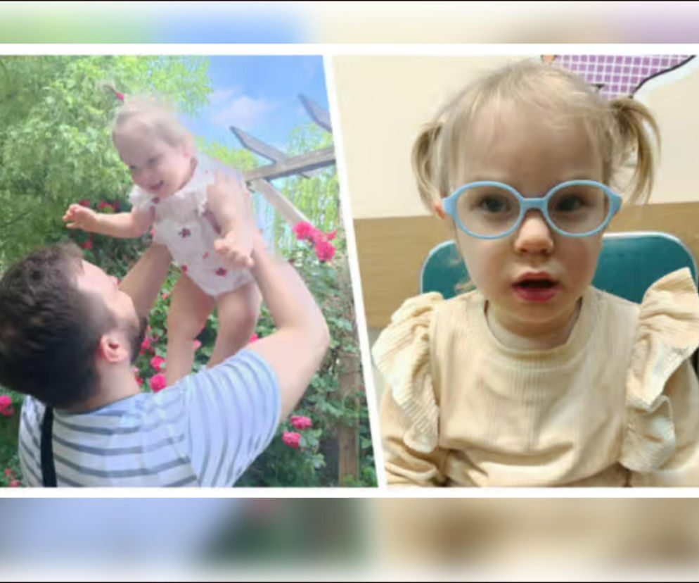 Wiktoria w niebieskich okularach. Obok zdjęcie, na którym tata podrzuca córkę. O walce z chorobą przeczytasz na SE.