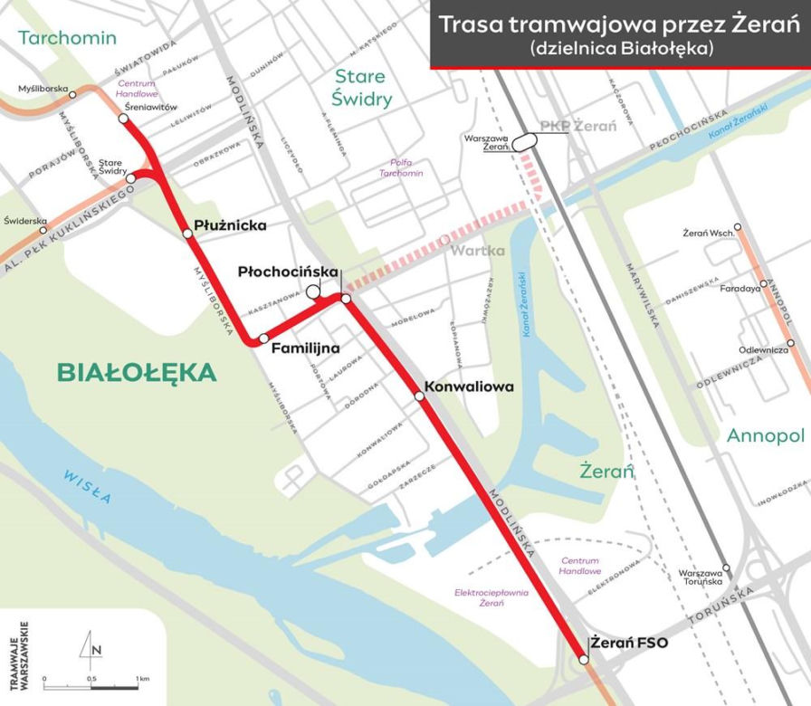 Tramwaj wzdłuż Modlińskiej na Żeraniu w Warszawie – mapa