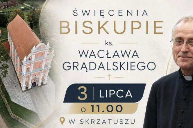 Biskup nominat Wacław Grądalski na tle sanktuarium w Skrzatuszu. O święceniach przeczytasz na Radioplus.