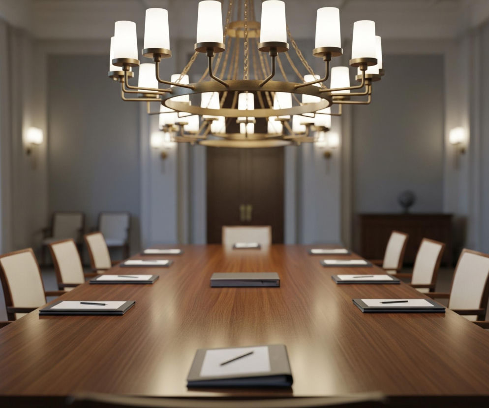 Wnętrze obszernej sali konferencyjnej z długim, drewnianym stołem na pierwszym planie, rozciągającym się przez całą długość pomieszczenia. Wokół stołu ustawione są liczne krzesła z drewnianymi ramami i beżowymi tapicerowanymi oparciami oraz siedziskami. Na stole, przed każdym miejscem, leżą czarne teczki z białymi kartkami i czarnymi długopisami. Centralnie nad stołem wisi duży, okrągły żyrandol w kolorze starego złota z wieloma świecącymi, białymi kloszami. W tle widoczne są okna po lewej stronie, zasłonięte jasnymi zasłonami, oraz ciemne, drewniane drzwi na wprost, a także ścienne kinkiety emitujące ciepłe światło.