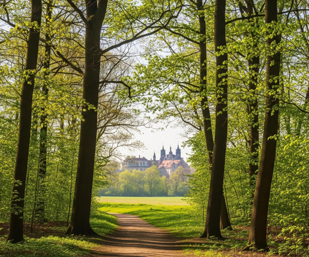 Piaszczysta ścieżka biegnie przez las z jasnymi, zielonymi liśćmi, prowadząc w głąb obrazu. Po obu stronach ścieżki wznoszą się wysokie, ciemne pnie drzew o wyraźnej korze, z drobnymi liśćmi tworzącymi zielony baldachim. W oddali, za otwartą, zieloną polaną, widoczny jest duży, zabytkowy budynek z wieloma dachami i wieżyczkami, otoczony drzewami. Całość jest skąpana w ciepłym, słonecznym świetle.