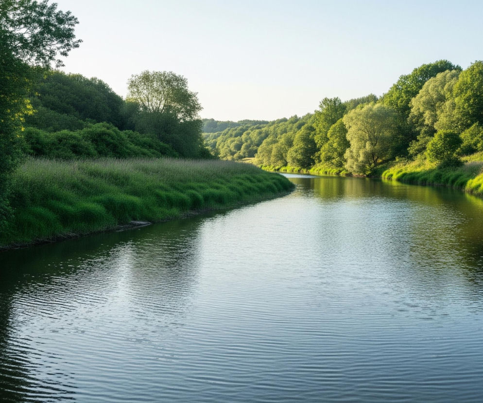 Szeroka rzeka o spokojnej, lekko pofalowanej powierzchni płynie przez bujną, zieloną dolinę. Brzegi rzeki porośnięte są gęstymi pasmami trawy i roślinności, które w niektórych miejscach tworzą wysokie, zielone ściany. Wzdłuż rzeki rozciągają się zalesione wzgórza z drzewami o zróżnicowanych odcieniach zieleni, od ciemnych po jaśniejsze, liściaste korony, częściowo oświetlone przez słońce. Jasne niebo, bezchmurne, rozciąga się nad całą sceną.