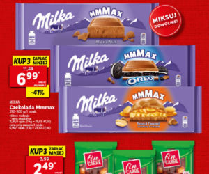 Czekolada Mmmax Milka, różne rodzaje ( 6,99 zł/250-300 g) i czekolada mleczna z całymi orzechami laskowymi Fin Carre(2,49 zł/100 g)
